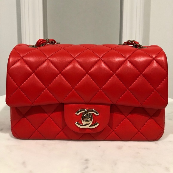 CHANEL Handbags - CHANEL Red Lambskin Mini Rectangular flapbag
